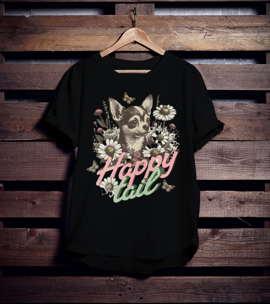 Chihuahua Dog Happy Tail Among Vintage Flowers With Butterflies T-Shirt