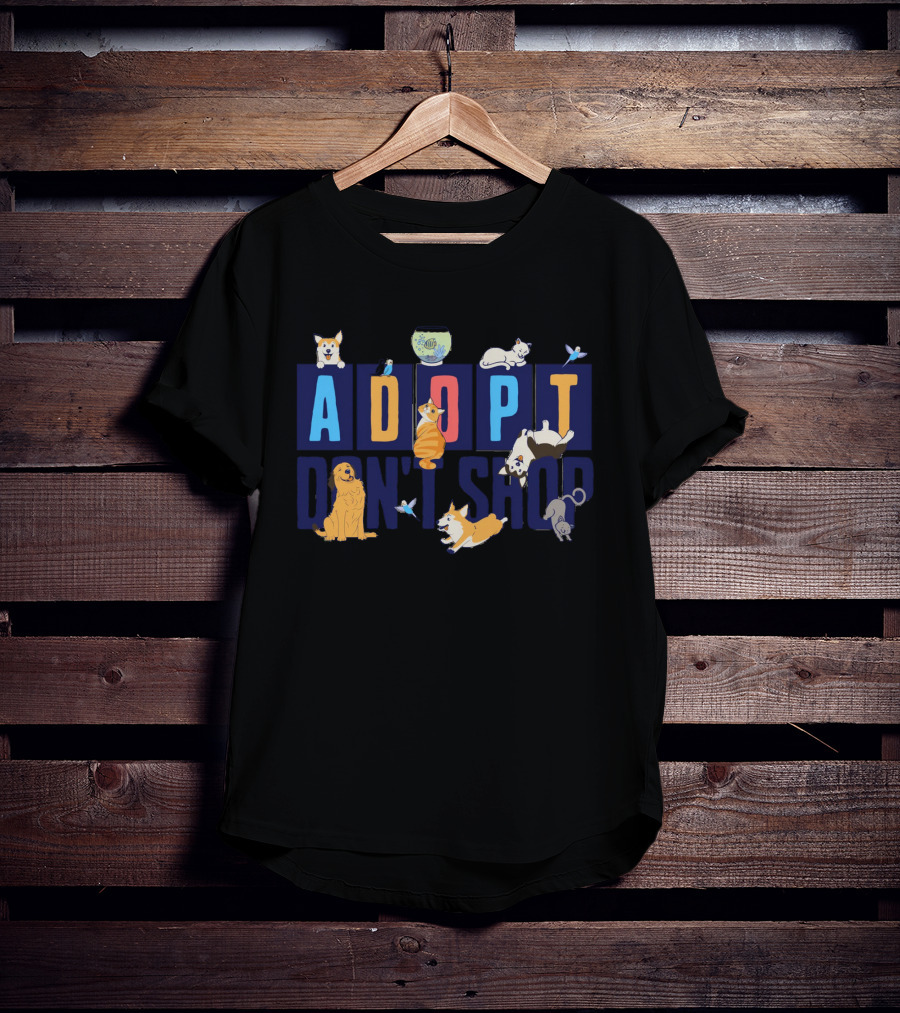 Adopt Don't Shop Cute Animal Design With Cats, Dogs, Fish, And Birds T-Shirt