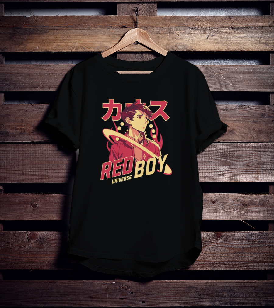 Red Boy Universe Anime Style Japanese Text Planet Ring T-Shirt