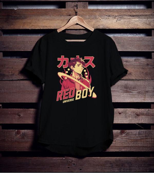 Red Boy Universe Anime Style Japanese Text Planet Ring T-Shirt