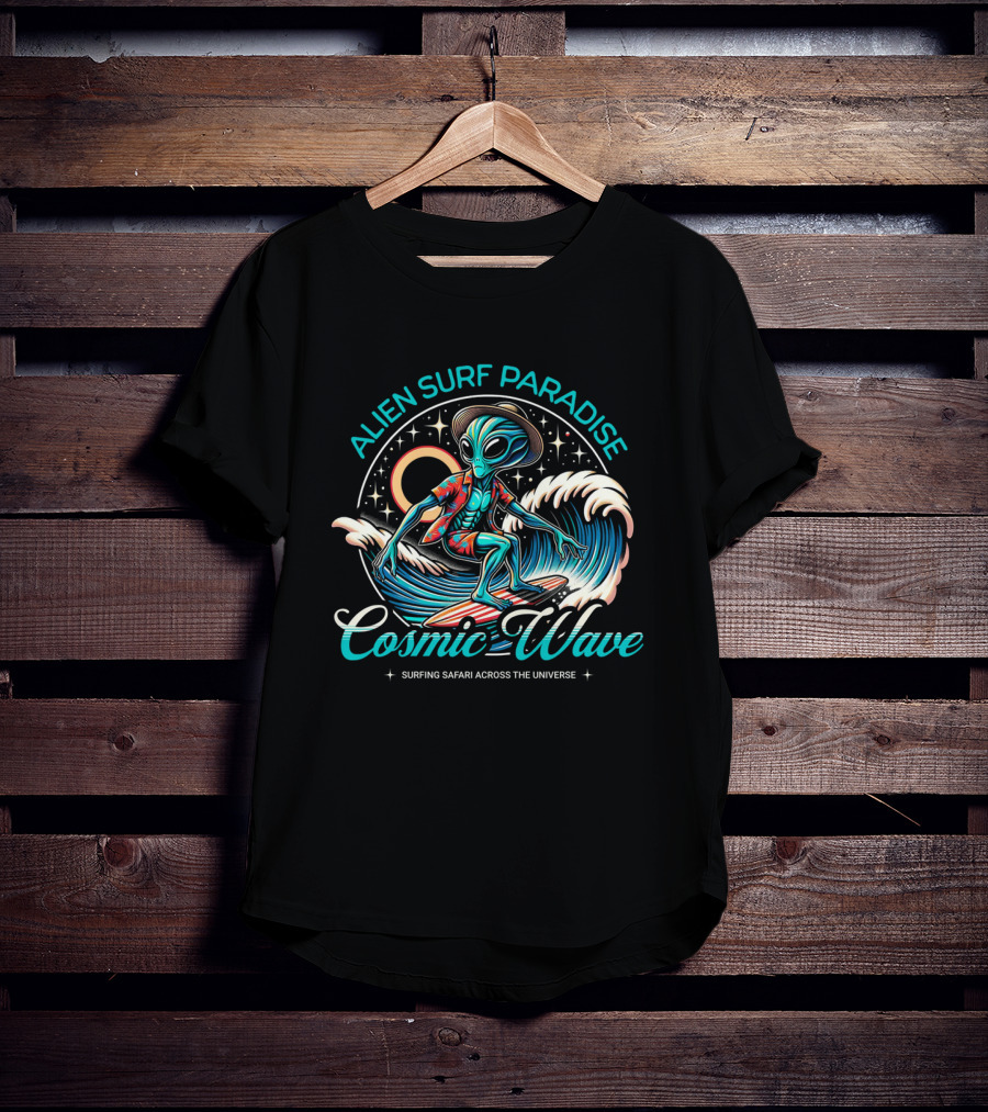 ALIEN SURF PARADISE COSMIC WAVE SURFING SAFARI ACROSS THE UNIVERSE T-Shirt