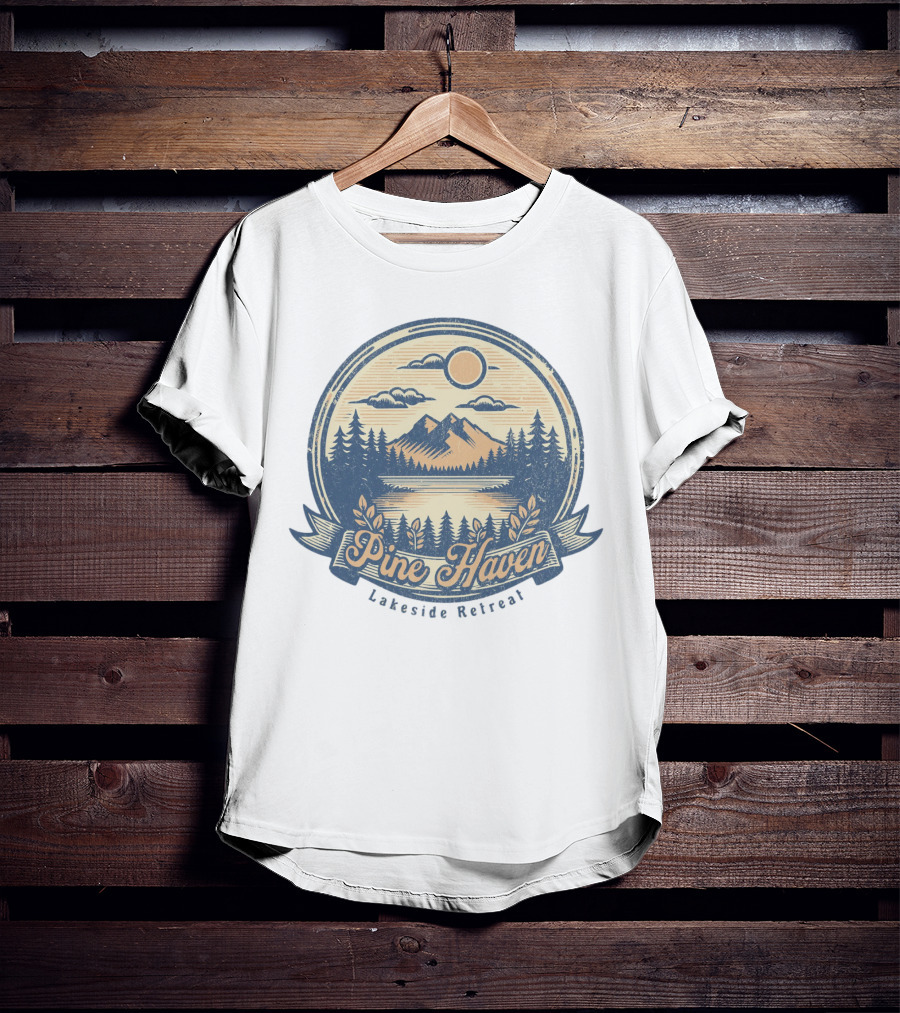 Pine Haven Lakeside Retreat Scenic Mountain Forest Vintage Emblem T-Shirt