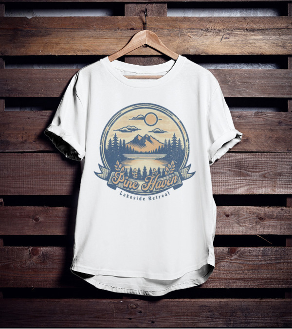 Pine Haven Lakeside Retreat Scenic Mountain Forest Vintage Emblem T-Shirt