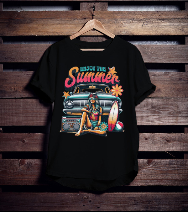 Enjoy The Summer Hippie Girl Surf Van Beach Vibes Vintage Boombox T-Shirt
