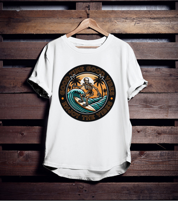 Good Time Good Vibes Enjoy The Vibes Surfer Skeleton Palm Trees Sunset Ocean Waves T-Shirt