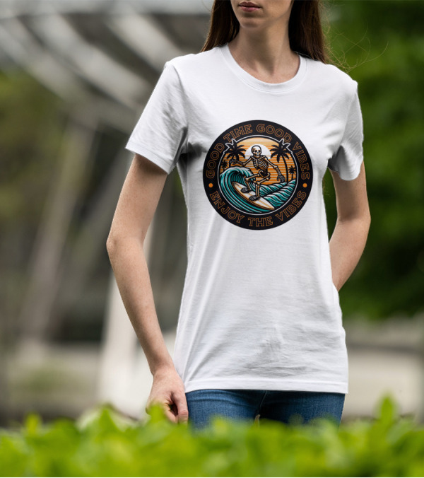 Good Time Good Vibes Enjoy The Vibes Surfer Skeleton Palm Trees Sunset Ocean Waves T-Shirt