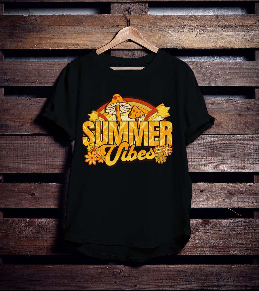 Summer Vibes Groovy Hippie Mushrooms And Flowers Retro Starburst T-Shirt