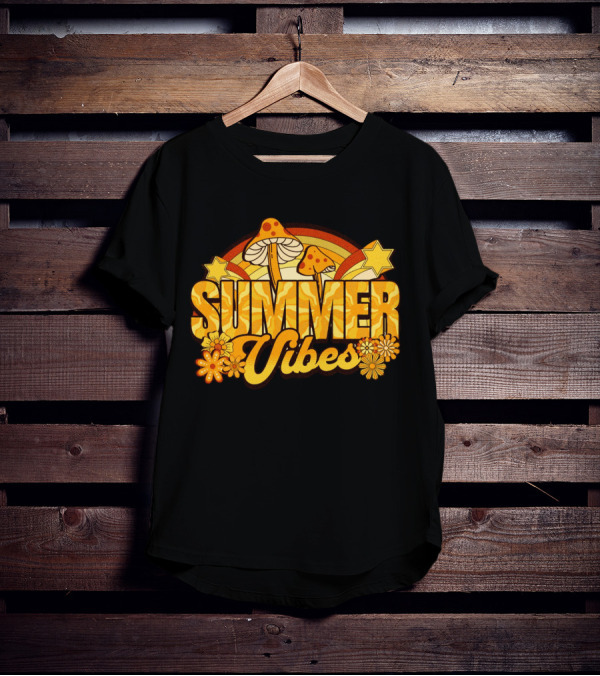 Summer Vibes Groovy Hippie Mushrooms And Flowers Retro Starburst T-Shirt