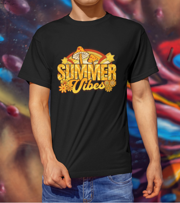 Summer Vibes Groovy Hippie Mushrooms And Flowers Retro Starburst T-Shirt