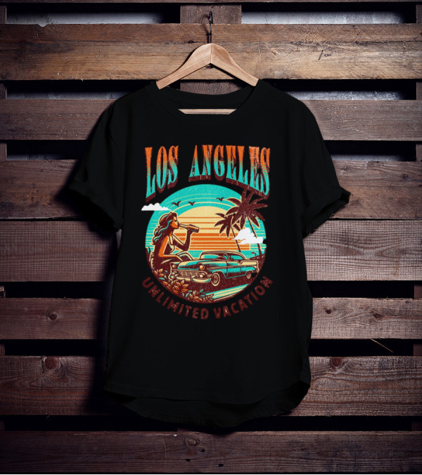 Los Angeles Unlimited Vacation Classic Car Palm Trees Sunset Vibes T-Shirt