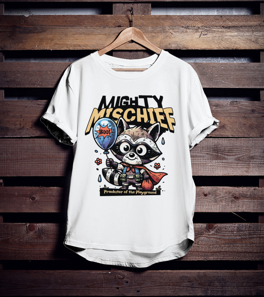 Mighty Mischief Raccoon With Boo Balloon Prankster Of The Playground T-Shirt