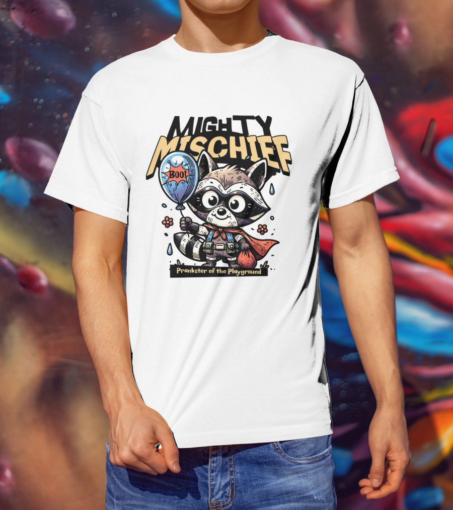 Mighty Mischief Raccoon With Boo Balloon Prankster Of The Playground T-Shirt