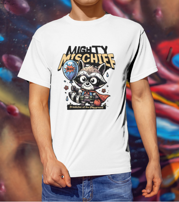 Mighty Mischief Raccoon With Boo Balloon Prankster Of The Playground T-Shirt