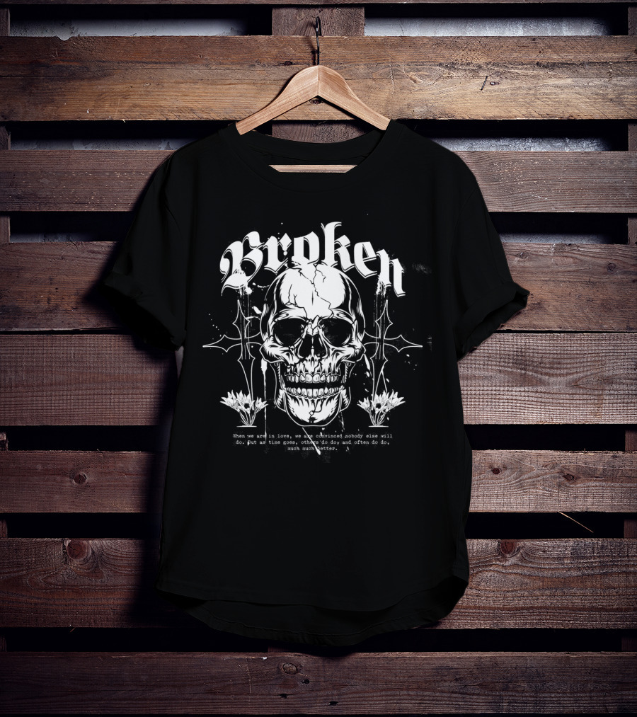 Broken Skull With Gothic Text And Crosses T-Shirt