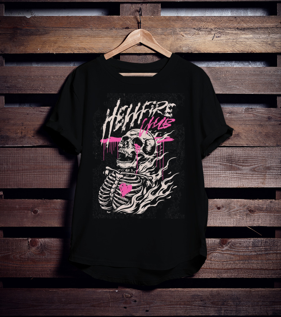 Hellfire Club Skeleton With Flames And Pink Heart Accents T-Shirt