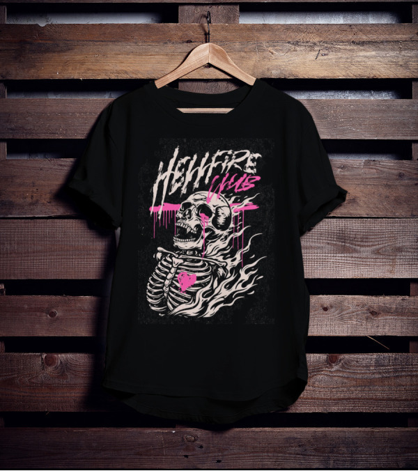 Hellfire Club Skeleton With Flames And Pink Heart Accents T-Shirt