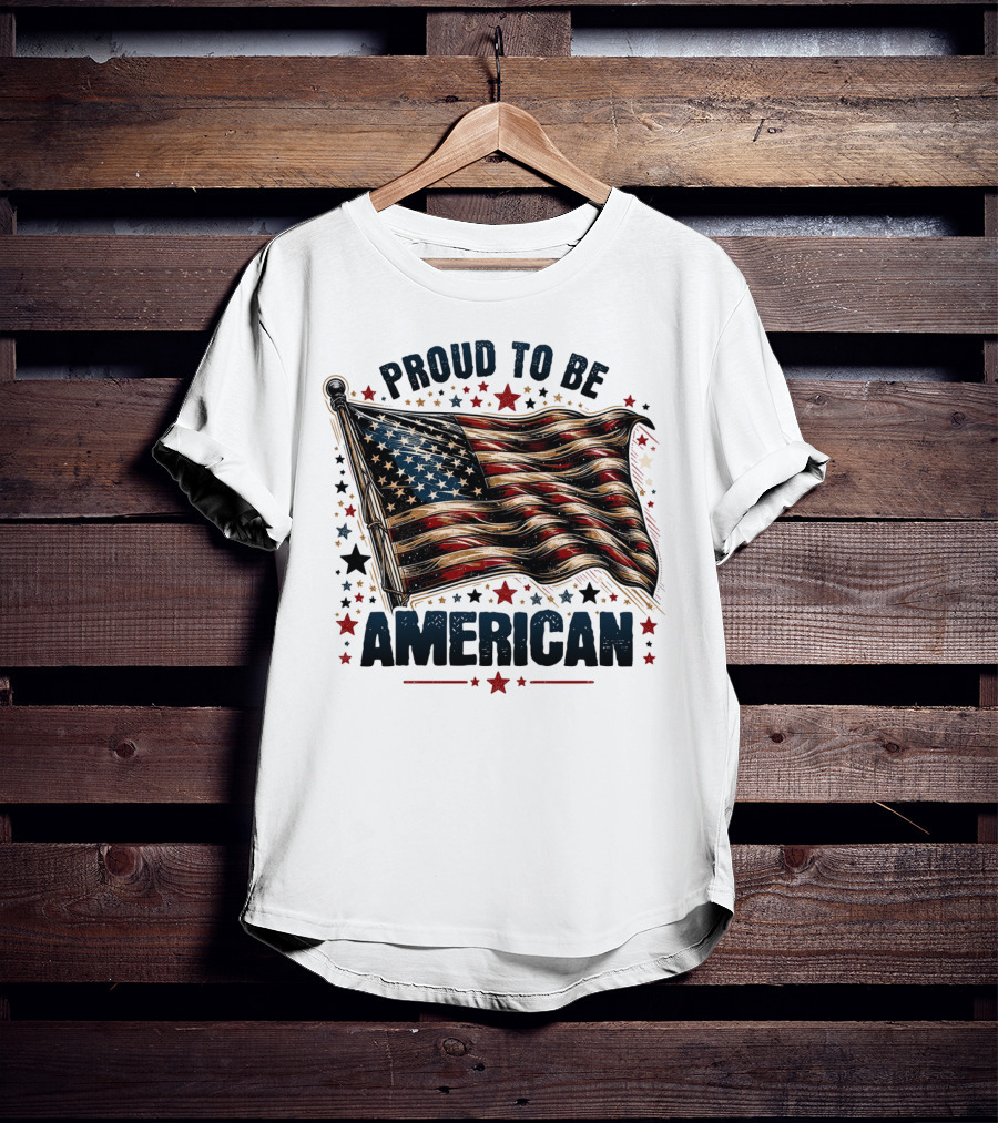 Proud To Be American Waving Stars And Stripes Surrounded By Red And Black Stars T-Shirt