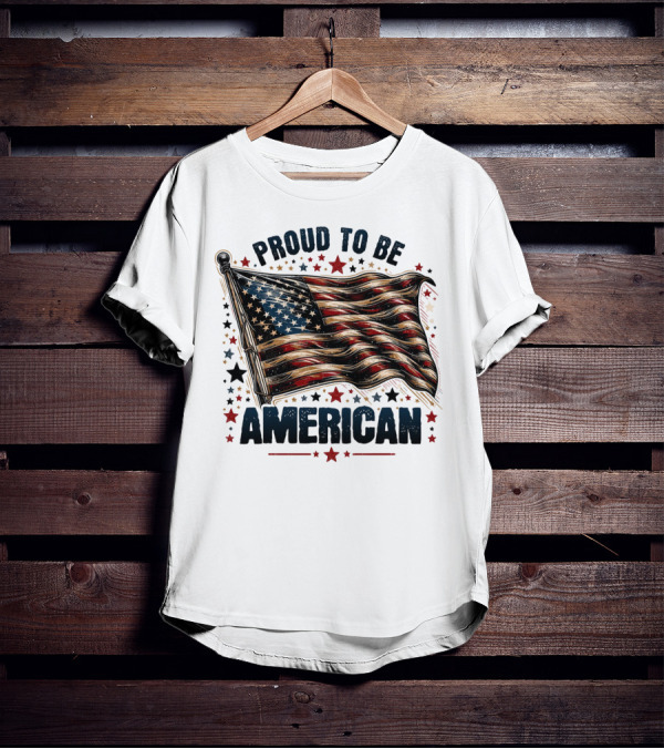 Proud To Be American Waving Stars And Stripes Surrounded By Red And Black Stars T-Shirt