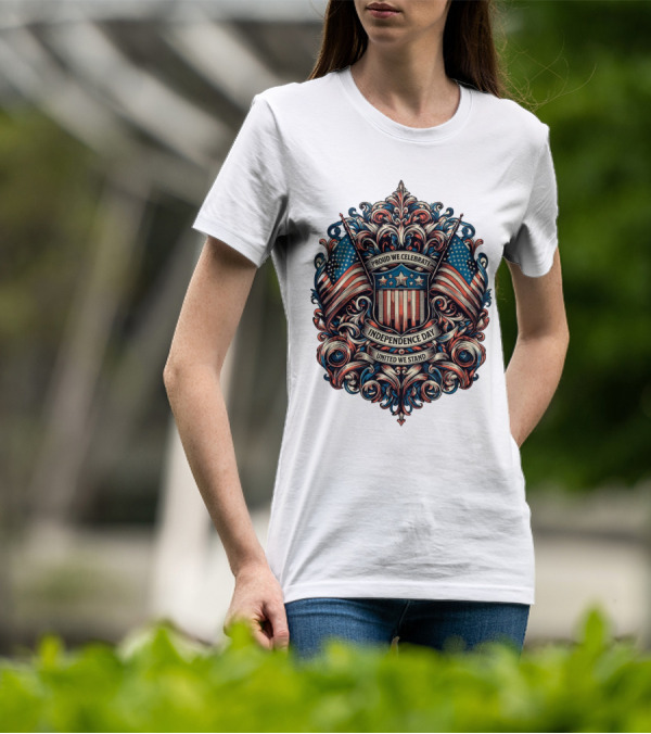 Proud We Celebrate Independence Day United We Stand American Flag Shield Ornamental T-Shirt