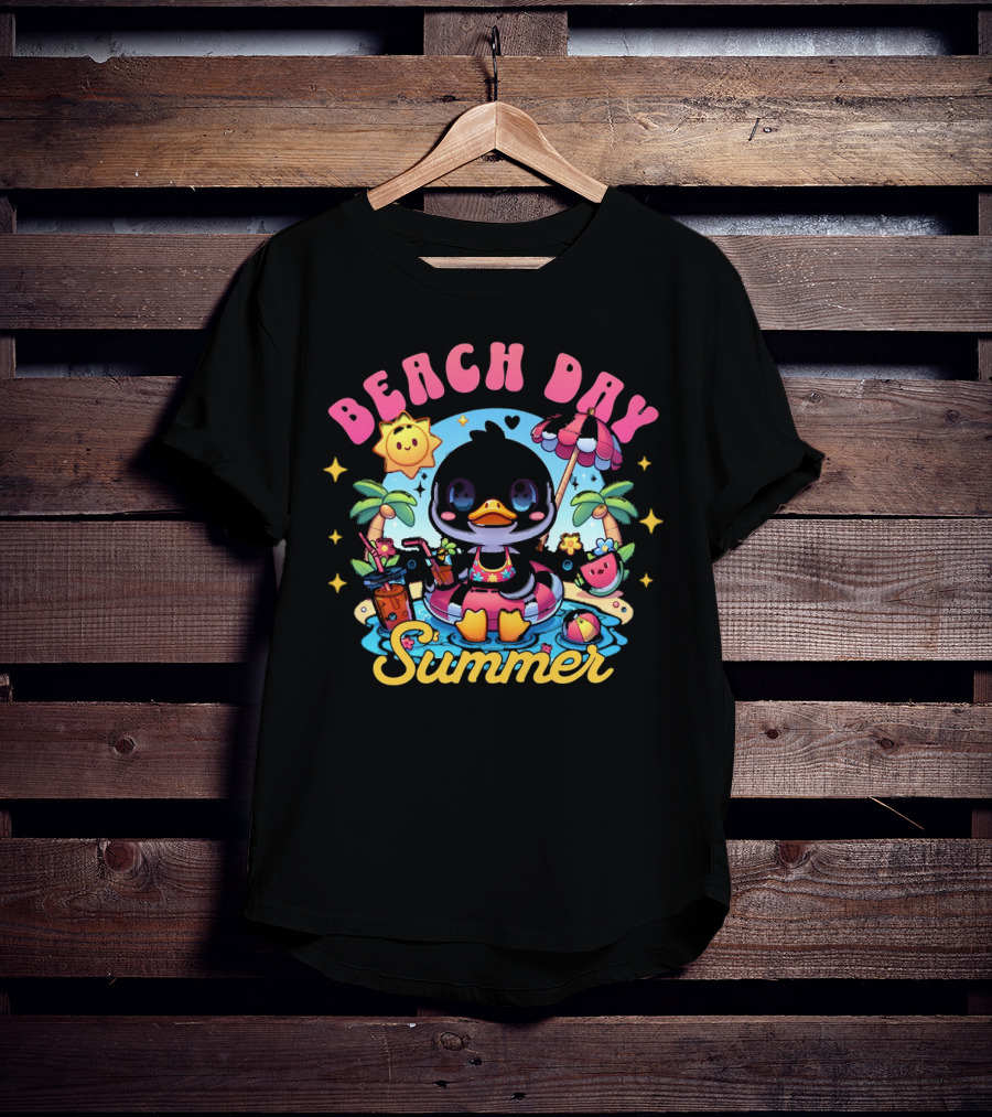 Beach Day Summer Happy Times Good Sunshine Duck In Pool With Palm Trees And Watermelon T-Shirt