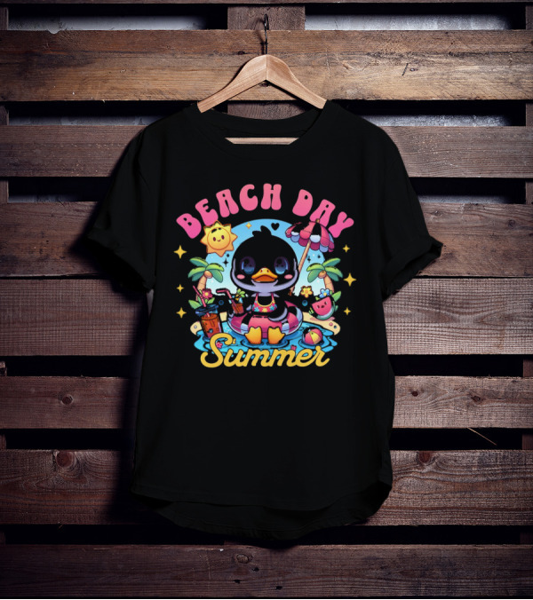 Beach Day Summer Happy Times Good Sunshine Duck In Pool With Palm Trees And Watermelon T-Shirt