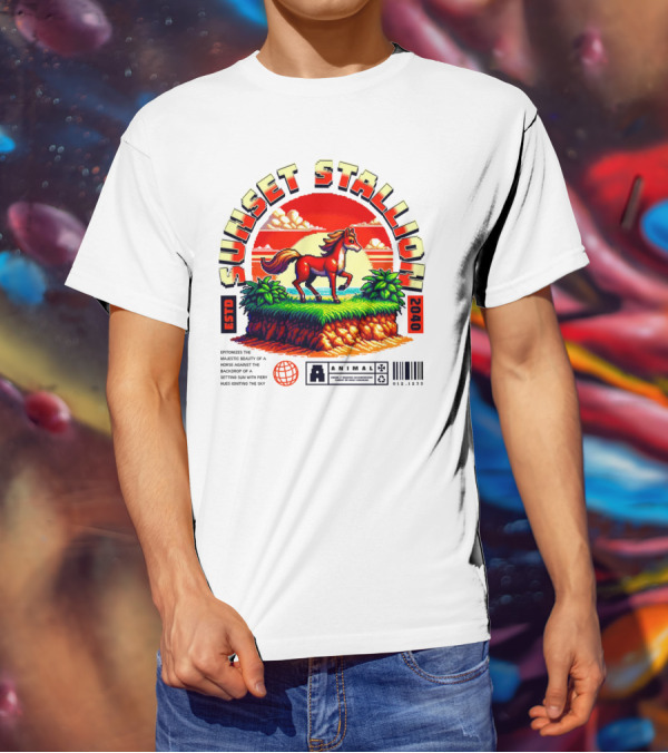 Sunset Stallion 2040 ESTO Animal Epic Epitome Horse Setting Sun Fiery Sky T-Shirt