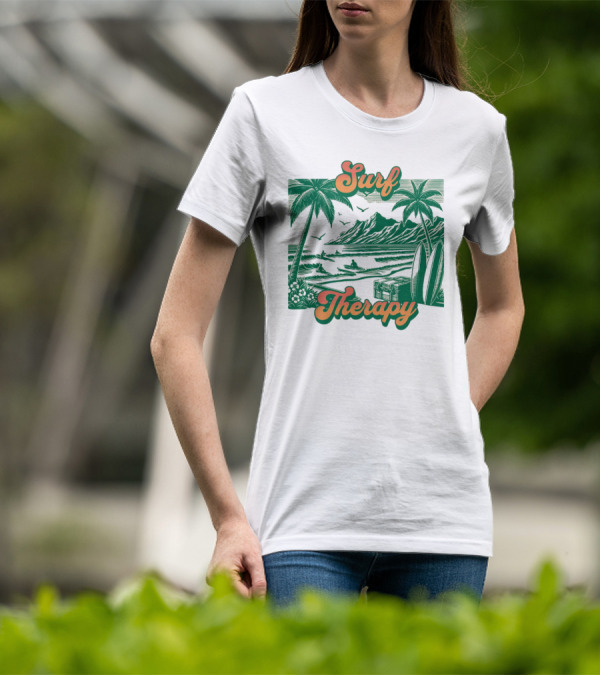 Surf Therapy Tropical Beach Scene With Palm Trees And Surfboards T-Shirt
