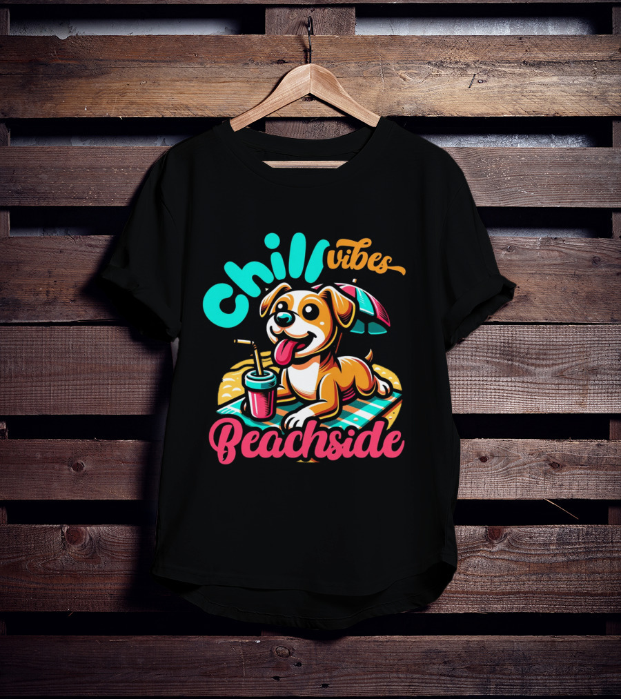 Chill Vibes Beachside Relaxing Dog With Umbrella And Drink T-Shirt