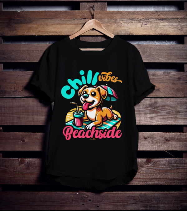 Chill Vibes Beachside Relaxing Dog With Umbrella And Drink T-Shirt