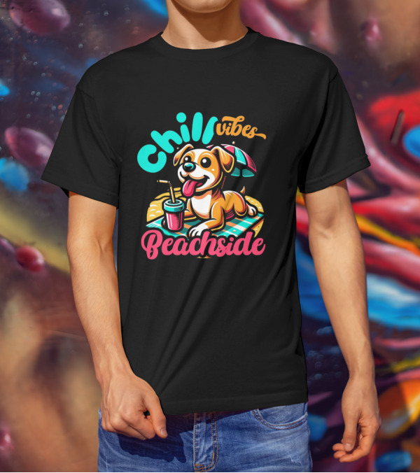 Chill Vibes Beachside Relaxing Dog With Umbrella And Drink T-Shirt