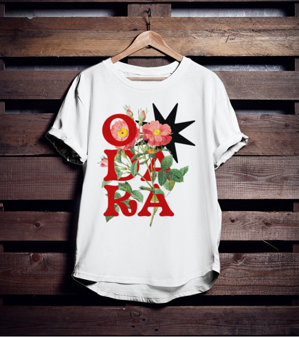 ODARA Bold Floral Art With Red Letters And Pink Flowers T-Shirt