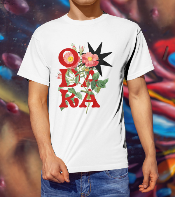 ODARA Bold Floral Art With Red Letters And Pink Flowers T-Shirt