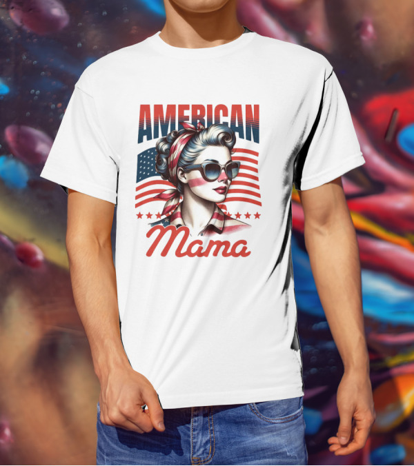 American Mama Vintage Patriotic Bandana Sunglasses Retro Flag Stars T-Shirt
