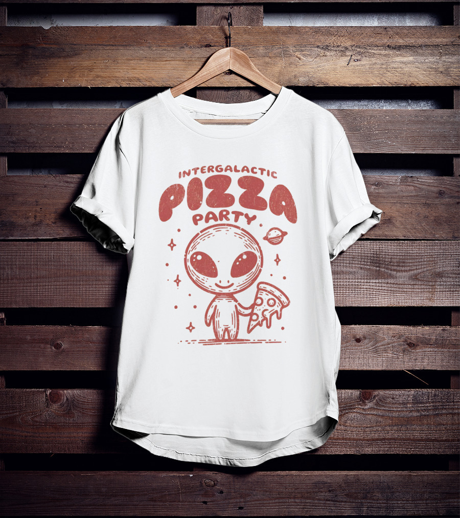 Intergalactic Pizza Party Alien Holding Pizza With Stars And Planet T-Shirt