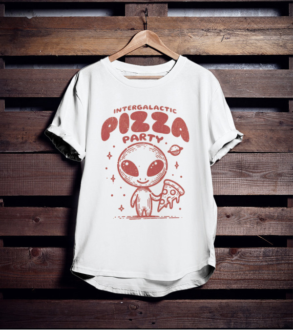 Intergalactic Pizza Party Alien Holding Pizza With Stars And Planet T-Shirt