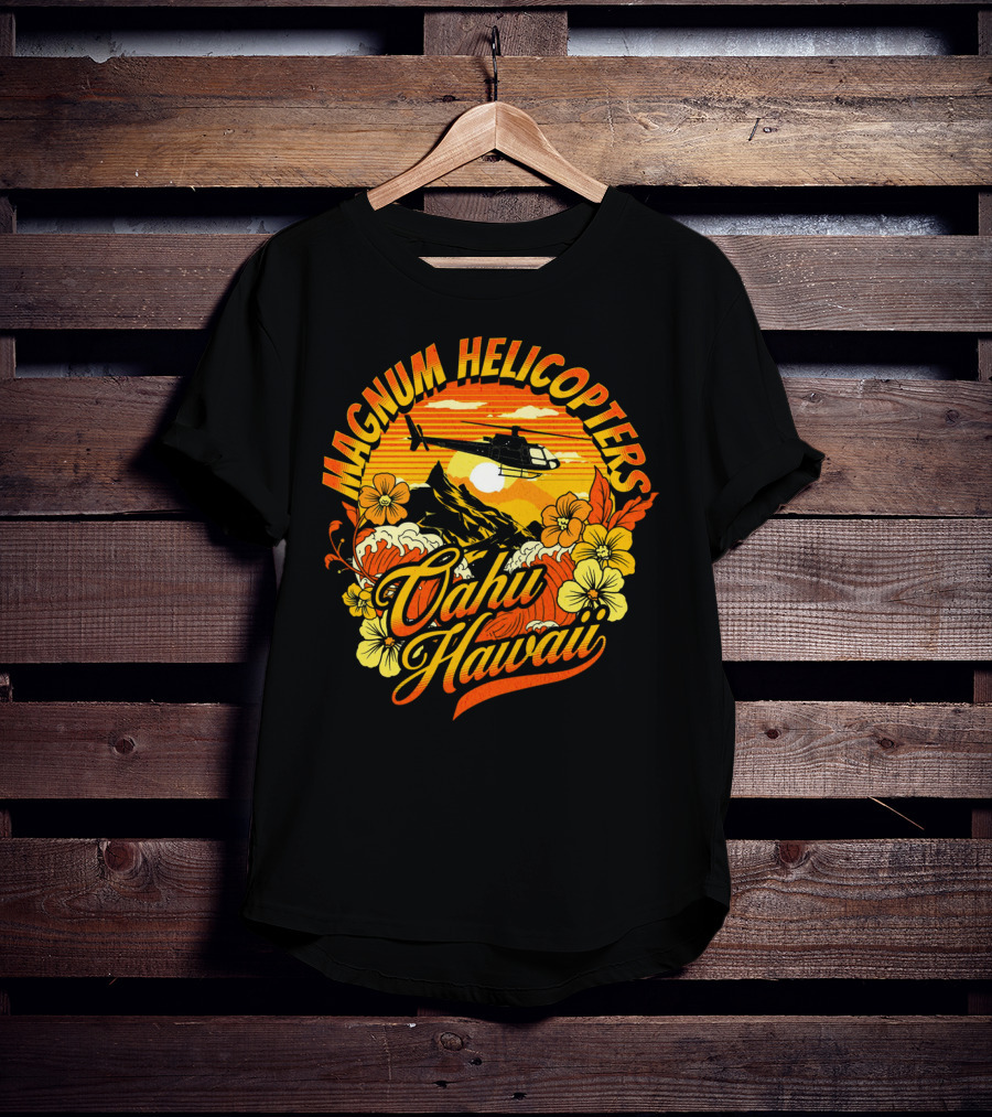 Magnum Helicopters Oahu Hawaii Helicopter Scenic Sunset Tropical Flowers T-Shirt