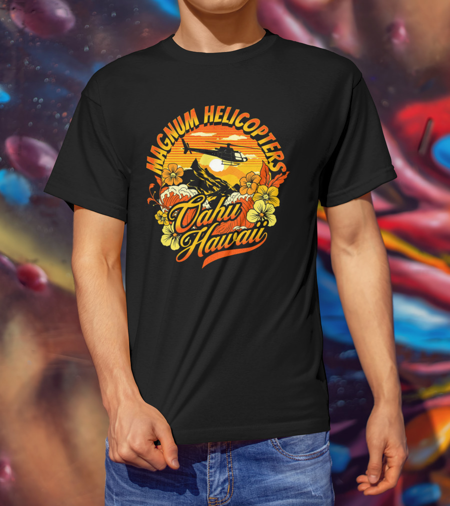 Magnum Helicopters Oahu Hawaii Helicopter Scenic Sunset Tropical Flowers T-Shirt