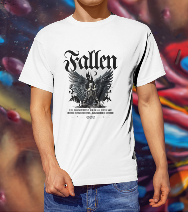 Fallen Dark Skeleton Angel With Fractured Wings And Gothic Castle T-Shirt
