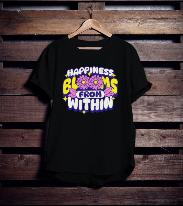 Happiness Blooms From Within With Pink Flowers And Yellow Stars T-Shirt