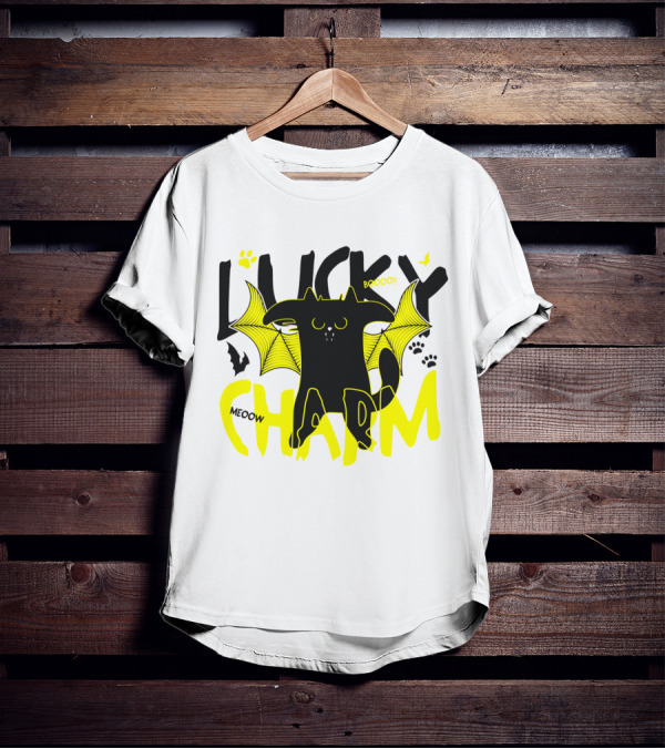 LUCKY CHARM Meow Boooo Bat Wings Cat Paw Prints T-Shirt