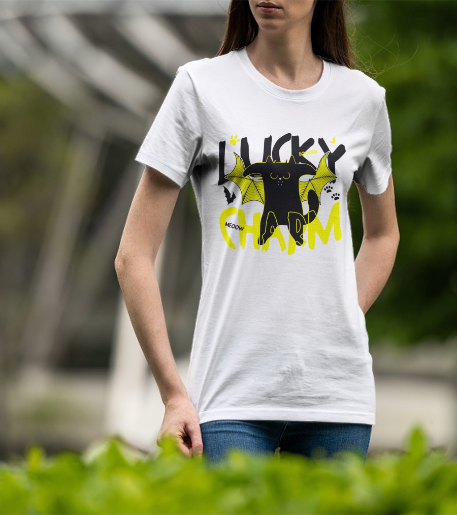 LUCKY CHARM Meow Boooo Bat Wings Cat Paw Prints T-Shirt