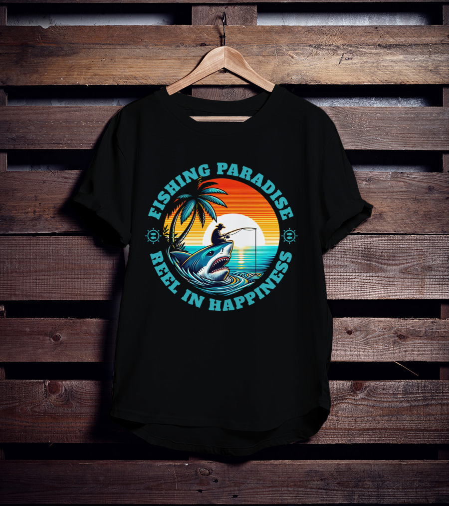 Fishing Paradise Reel In Happiness Sunset Shark Adventure T-Shirt