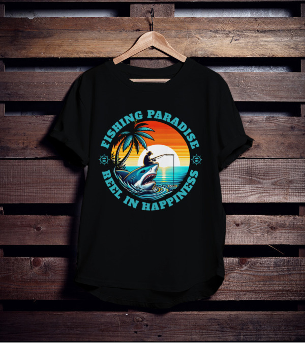 Fishing Paradise Reel In Happiness Sunset Shark Adventure T-Shirt