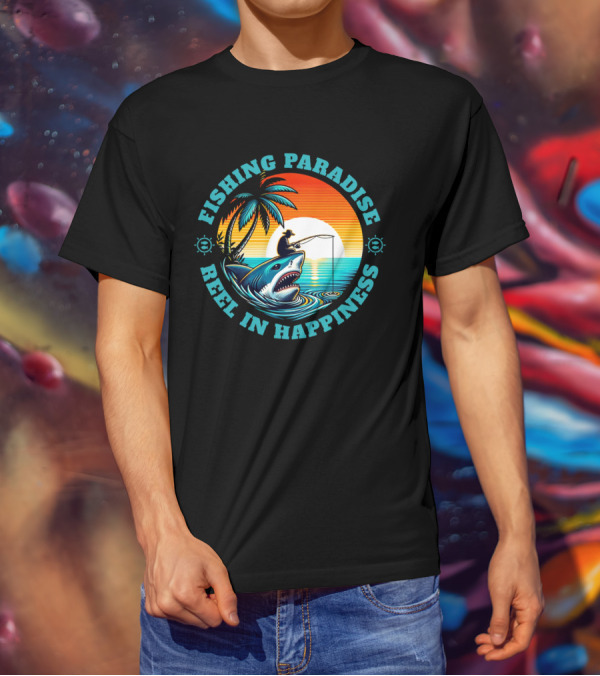 Fishing Paradise Reel In Happiness Sunset Shark Adventure T-Shirt
