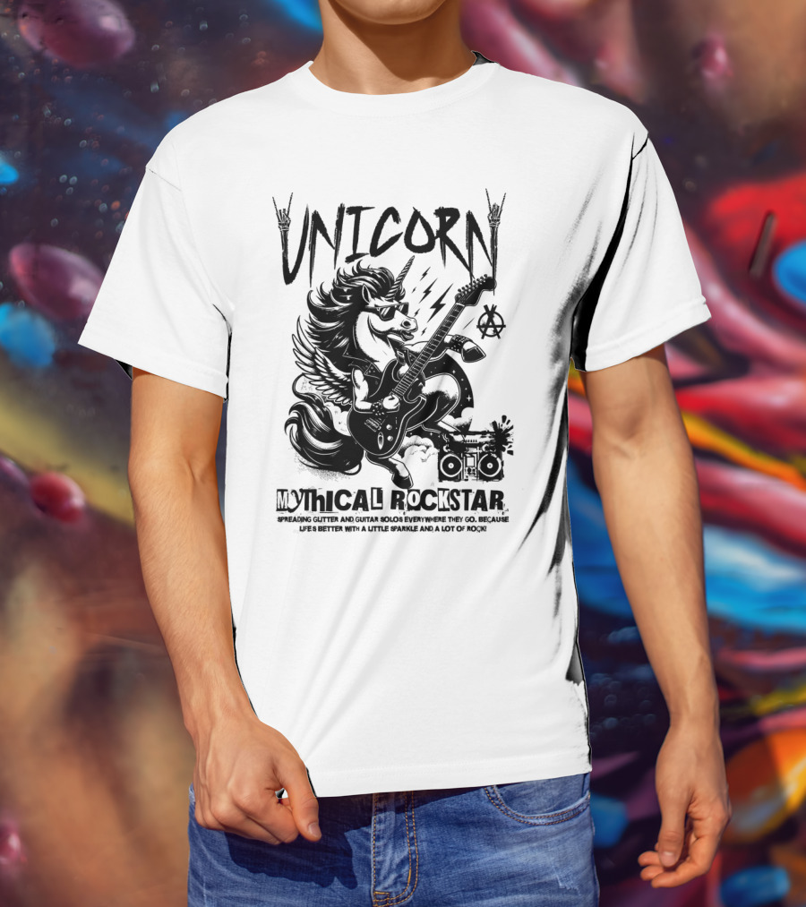 Unicorn Mythical Rockstar Spreading Glitter And Guitar Solos Sparkle Music Rock T-Shirt