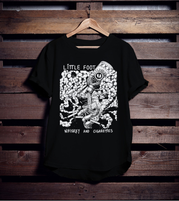 Little Foot Whiskey And Cigarettes Hand Holding Cigarettes And Pouring XXX Bottle In Cloudy Mountains Scene T-Shirt