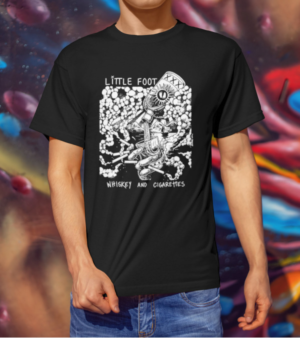 Little Foot Whiskey And Cigarettes Hand Holding Cigarettes And Pouring XXX Bottle In Cloudy Mountains Scene T-Shirt
