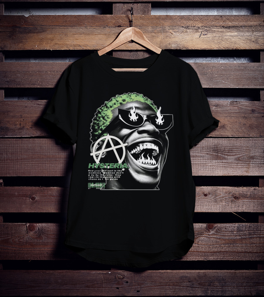 Hysteria Outcast Society Anarchy Flames Green Hair Smiling Face T-Shirt