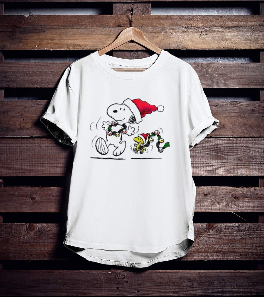 Santa Snoopy And Woodstock Christmas Lights Cartoon T-Shirt