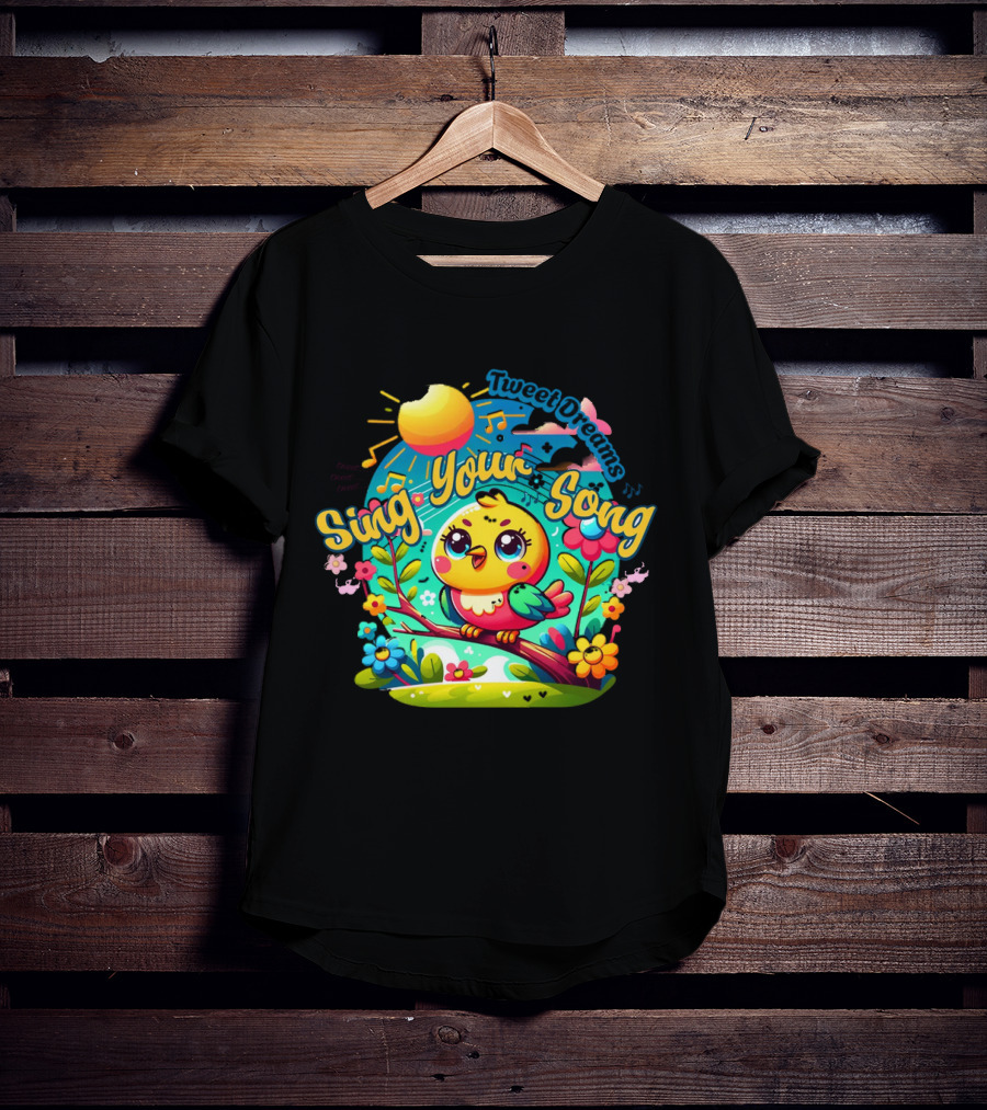 Tweet Dreams Sing Your Song Brightly-Colored Cartoon Bird And Musical Notes T-Shirt